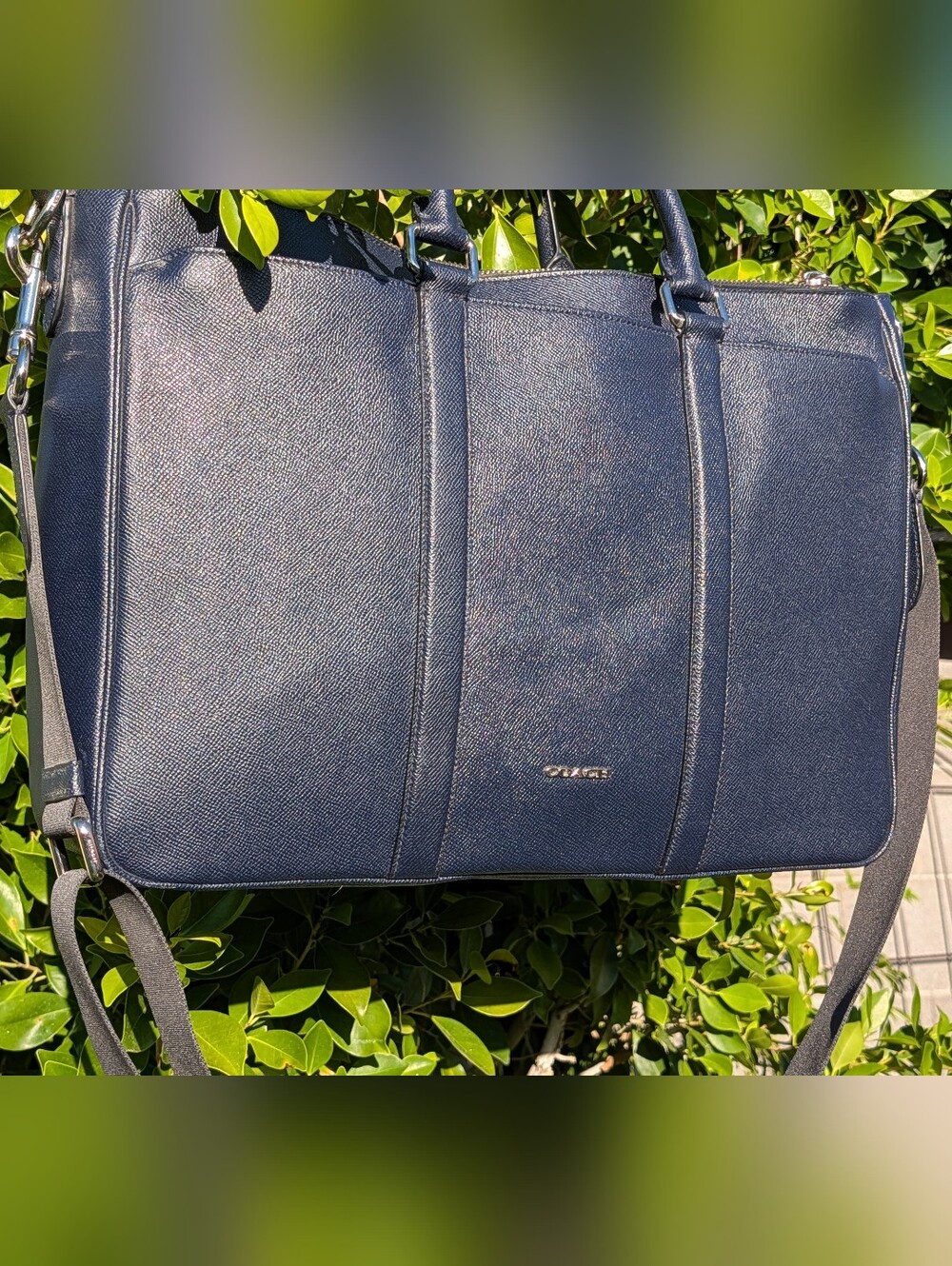 Coach Men's Navy Crossgrain Leather Briefcase 17" Laptop Bag Work Portfolio Stra - Picture 3 of 11